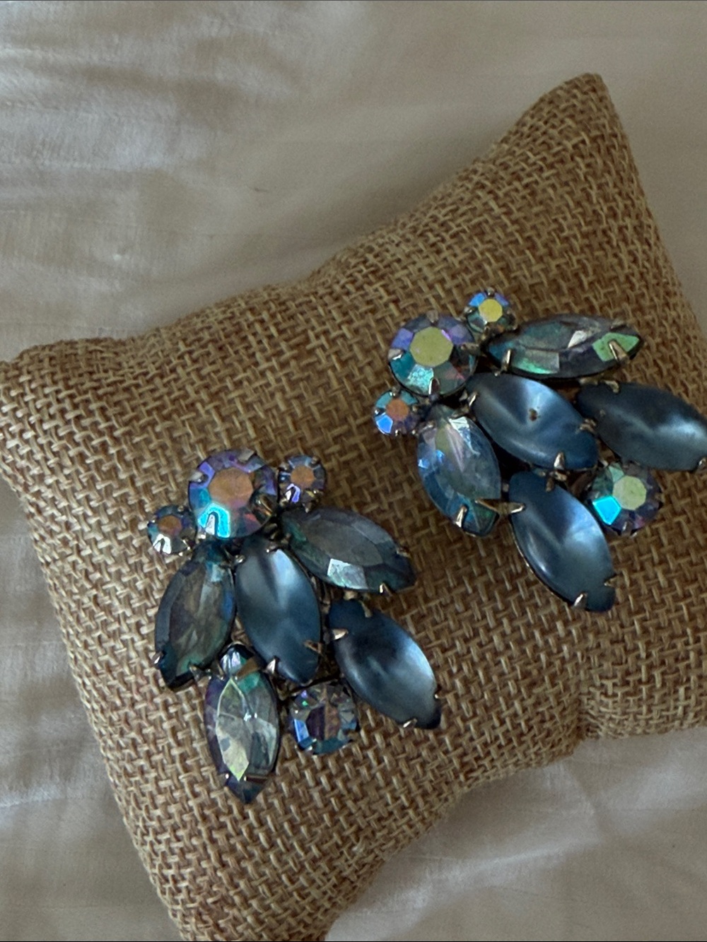 Vintage Blue Iridescent Crystal Statement Clip-On Earrings